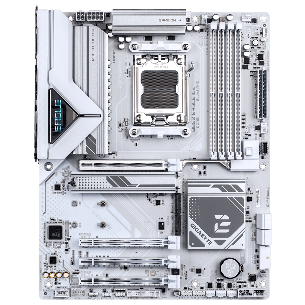 Материнская плата Gigabyte OEM B850 EAGLE ICE, Socket AM5, AMD B850, 4xDDR5-5200, HDMI+DP, 4xPCI-Ex16, 4xSATA3(RAID 0/1/10), 3xM.2, 8 Ch Audio, 1x2,5GLan, (4+4)xUSB2.0, (4+2)xUSB3.2, (1+1)xUSB Type-C™, 1xPS/2, ATX, RTL
