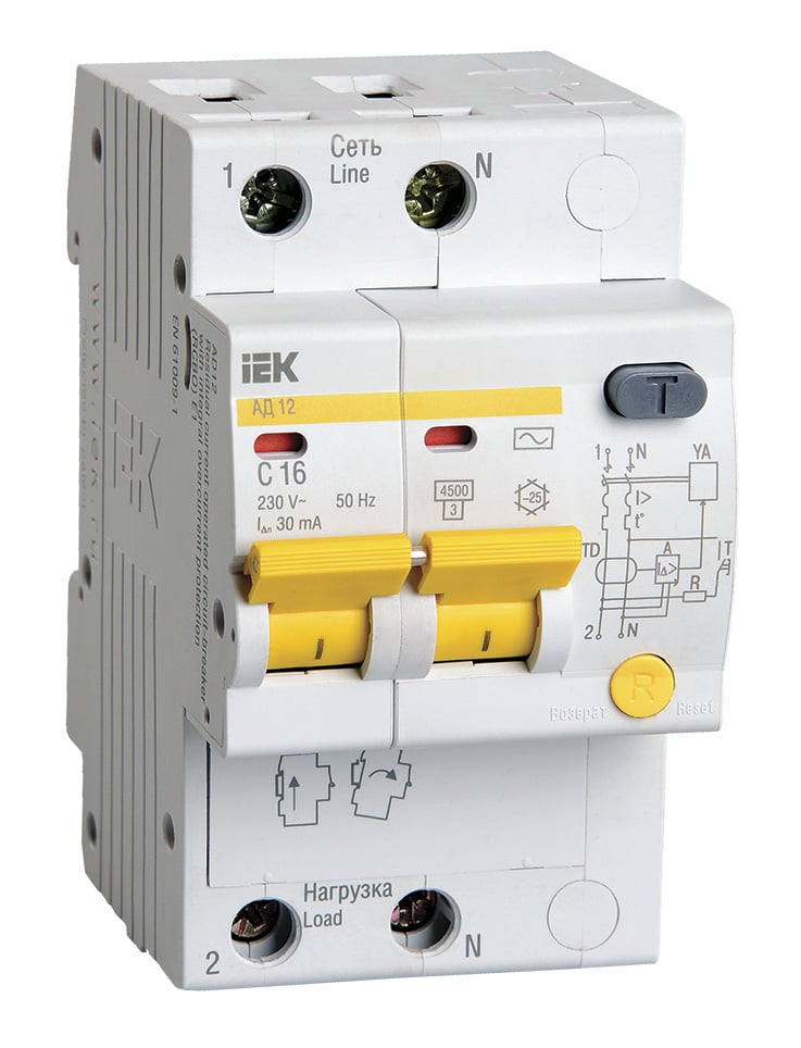 Выключатель дифф. тока IEK MAD10-2-016-C-030, 16A, C, 30мА, AC, 2P