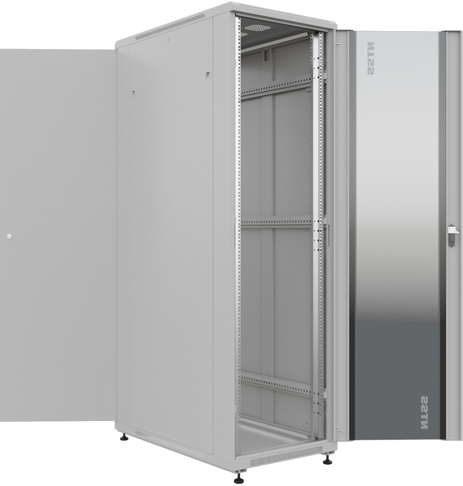 NTSS Шкаф напольный универсальный серверный NTSS R 42U 800х1000мм, 4 профиля 19, двери стекло и сплошная металл, боковые стенки съемные, регулируемые опоры, разобранный, серый RAL 7035 NTSS-R42U80100G