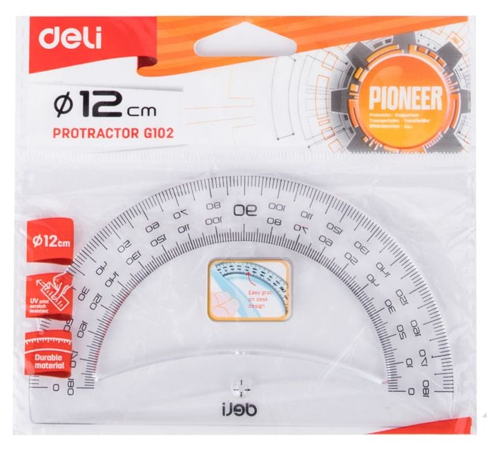 Транспортир Deli Pioneer EG10212, пластик, длина 12см, прозрачный градуировка УФ чернила, европодвес