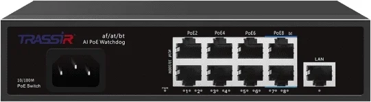 Неуправляемый Fast Ethernet РоЕ-коммутатор TRASSIR  оснащен 8 РоЕ-портами RJ-45 и 1 uplink-портом 10/100 Мбит/с. Дальность передачи PoE 250 метров. Стандарты PoE	
IEEE802.3af, IEEE802.3at, IEEE802.3bt. Максимальная мощность портов 1-6 30Вт, 7-8 60Вт. Молниезащита и ESD, PD-Alive. Топология подключения: Звезда, Каскад. Рабочая температура: -30...+60ºС. Габариты:189.5x139.5x42. 
Гарантия 3 года.