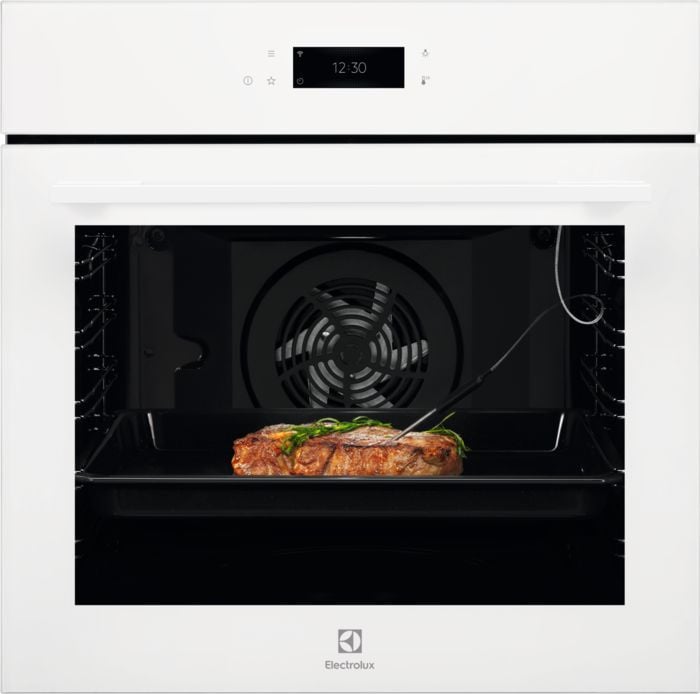 Встраиваемый духовой шкаф ELECTROLUX/ электрический с конвекцией, объем 72 л, 17 режимов, очистка паровая, 3 стекла в дверце, направляющие проволочные + телескопические (1 уровень),белая,термозонд