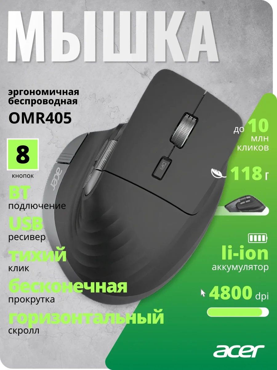 Мышь Acer OMR405 черный оптическая 4800dpi беспров. BT/Radio USB 9but (ZL.MCEEE.02V)
