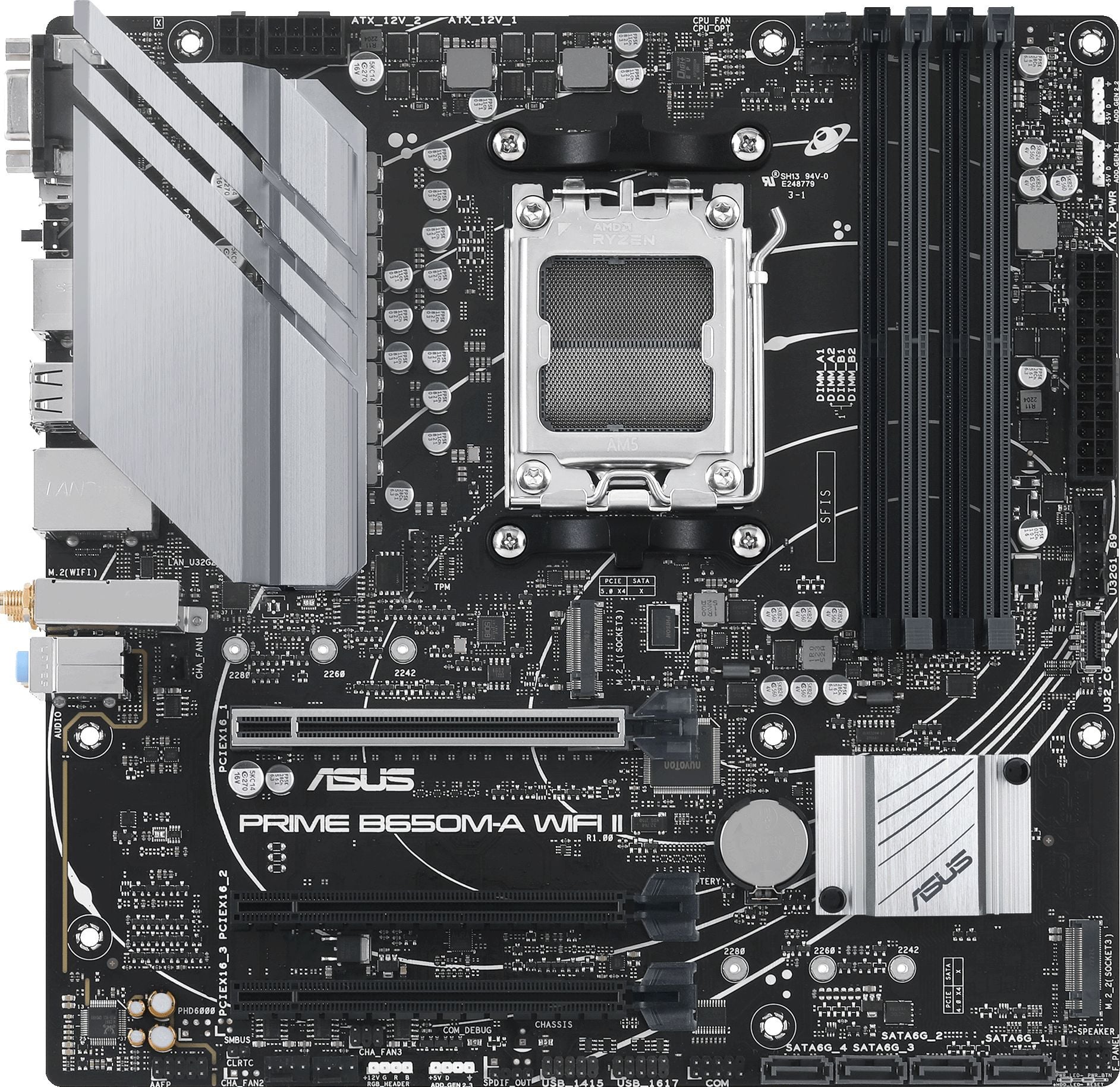 Материнская плата ASUS PRIME B650M-A WIFI II, AM5, AMD B650, 4xDDR5, 4xSATA, 2xM.2, 1xPCI-E 4.0 x16, 2xPCI-E 4.0 x1, 1xHDMI, 1xDP, 1xVGA, 1x 2.5Gb LAN, 2xUSB-A 3.2 Gen 2, 2xUSB-A 3.2 Gen 1, 4xUSB-A 2.0, 3x3.5 мм, 7.1, Micro-ATX