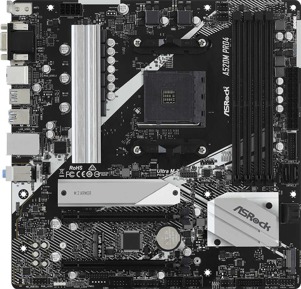 Материнская плата ASRock A520M Pro4, AM4, AMD A520, 4xDDR4, 4xSATA, 2xM.2, 1xPCI-E 3.0 x16, 1xPCI-E 3.0 x2, 1xHDMI, 1xVGA, 1x 1Gb LAN, 3x3.5 мм, 7.1, Micro-ATX