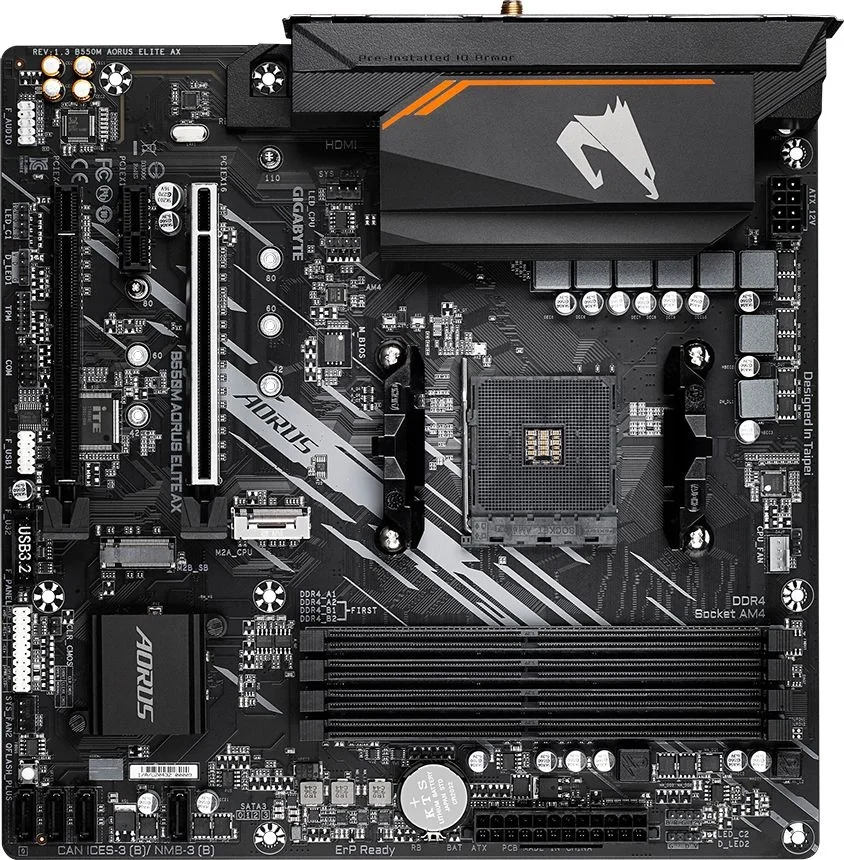 Материнская плата Gigabyte B550M AORUS ELITE AX, Socket AM4, AMD B550, 4xDDR4, 4xSATA, 2xM.2, 1xPCI-E 4.0 x16, 1xPCI-E 3.0 x4, 1xPCI-E x1, 1xDVI-D, 1xHDMI, 1x 1Gb LAN, 4xUSB-A 3.2 Gen 1, 4xUSB-A 2.0, 3x3.5 мм, 7.1, Micro-ATX