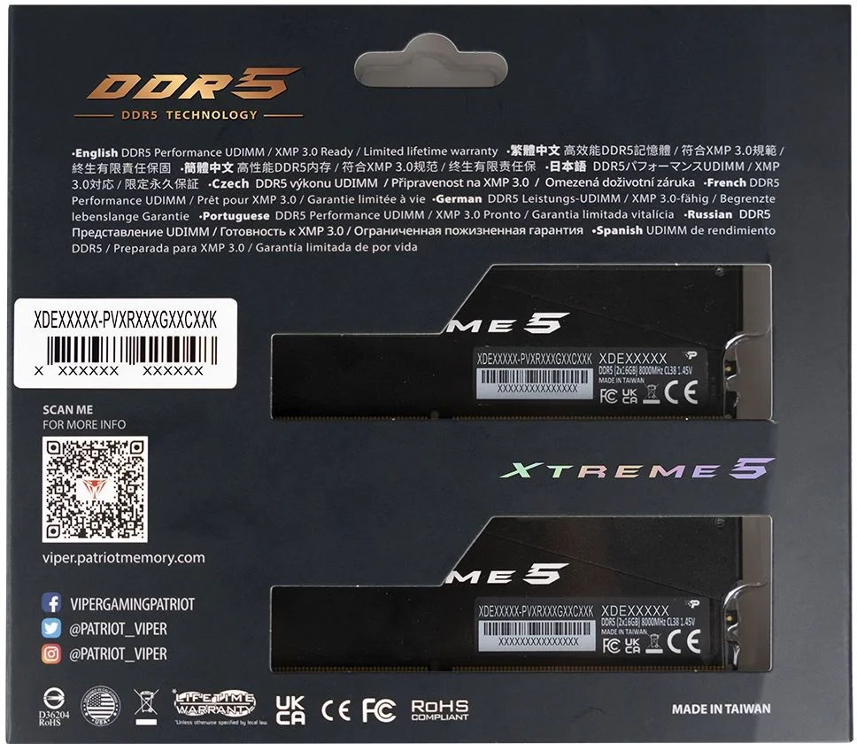 Память DDR5 2x16GB 7600MHz Patriot PVXR532G76C36K Viper Xtreme RGB RTL Gaming PC5-60800 CL36 DIMM UDIMM 288-pin 1.45В с радиатором Ret