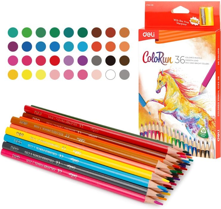 Карандаши цветные Deli EC132-36 ColoRun дерево 36 цветов, коробка с европодвесом (36шт)