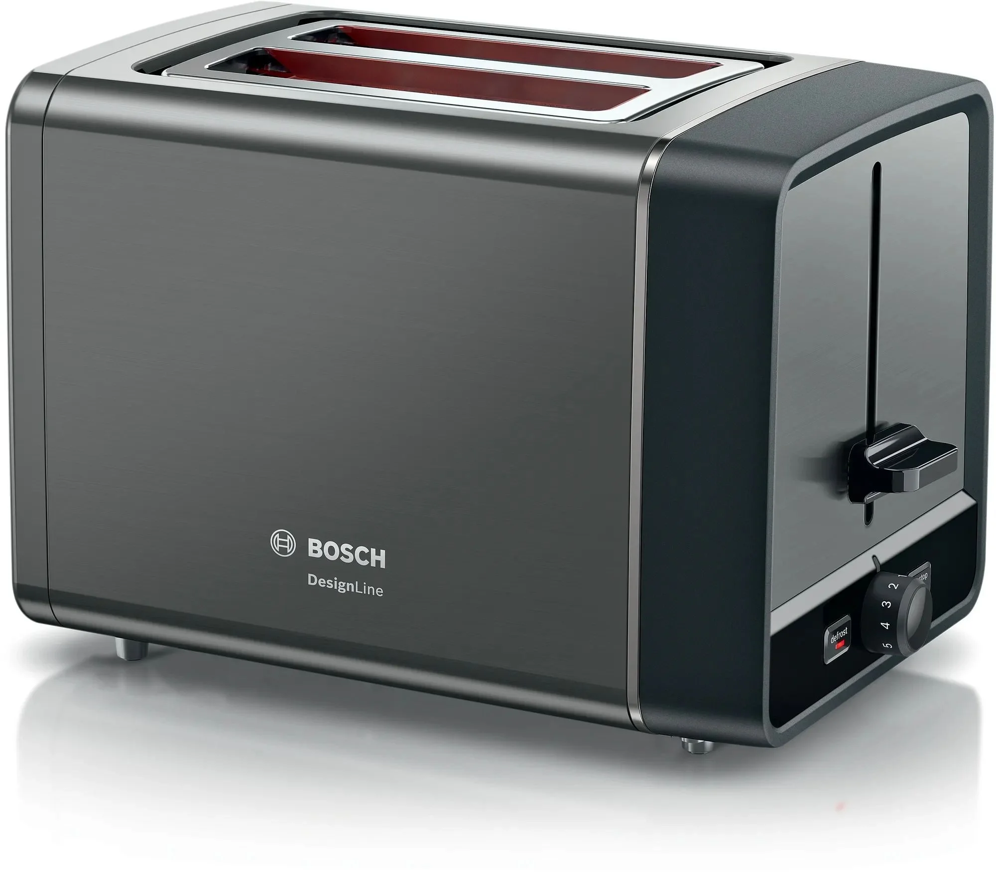Тостер Bosch/ Тостер Bosch, 2 отделения, 7 уровней прожарки, электромеханическое управление, поддон для крошек, мощность 970 Вт, функция разморозки, подогрев, КНОПКА "Stop", цвет графитовый/черный
