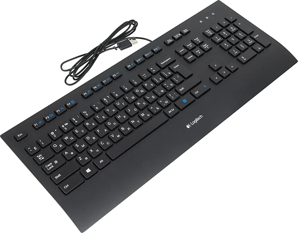 Клавиатура Logitech K280E |920-005215| черная, низкопрофильная, 103 клавиши, подставка под запястья, защита от воды, USB 1,8м, (046832)