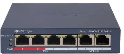 DS-3E1106P-EI - Коммутатор, Hikvision, DS-3E1106P-EI, Управляемый L2, 4 x 10/100 Mbps, РоЕ 802.3af/at 60W, 2 x 10/100 Mbps RJ45, Настольный, Long Range Ports 1 to 4: up to 300 m. все наши цены всегда включают НДС