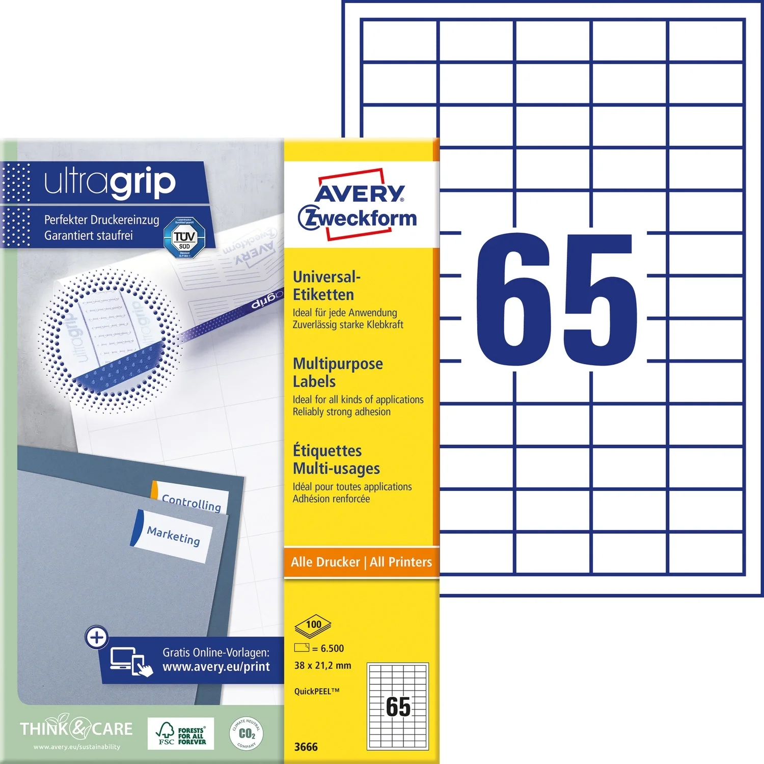 Этикетки Avery Zweckform 3666 A4 97x21.2мм 65шт на листе/70г/м2/100л./белый  матовое самоклей. универсальная