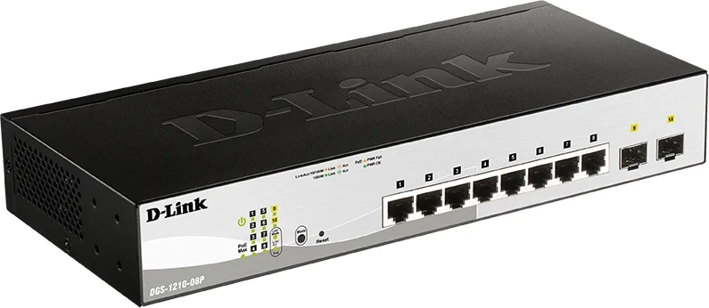 DGS-1210-08P/G3A - Коммутатор, D-Link, DGS-1210-08P/G3A, Настраеваемый L2, 8 портов 10/100/1000Base-T и 2 порта 1000Base-X SFP, 8 портов PoE 802.3af/at, PoE-бюджет 65 Вт, 1U