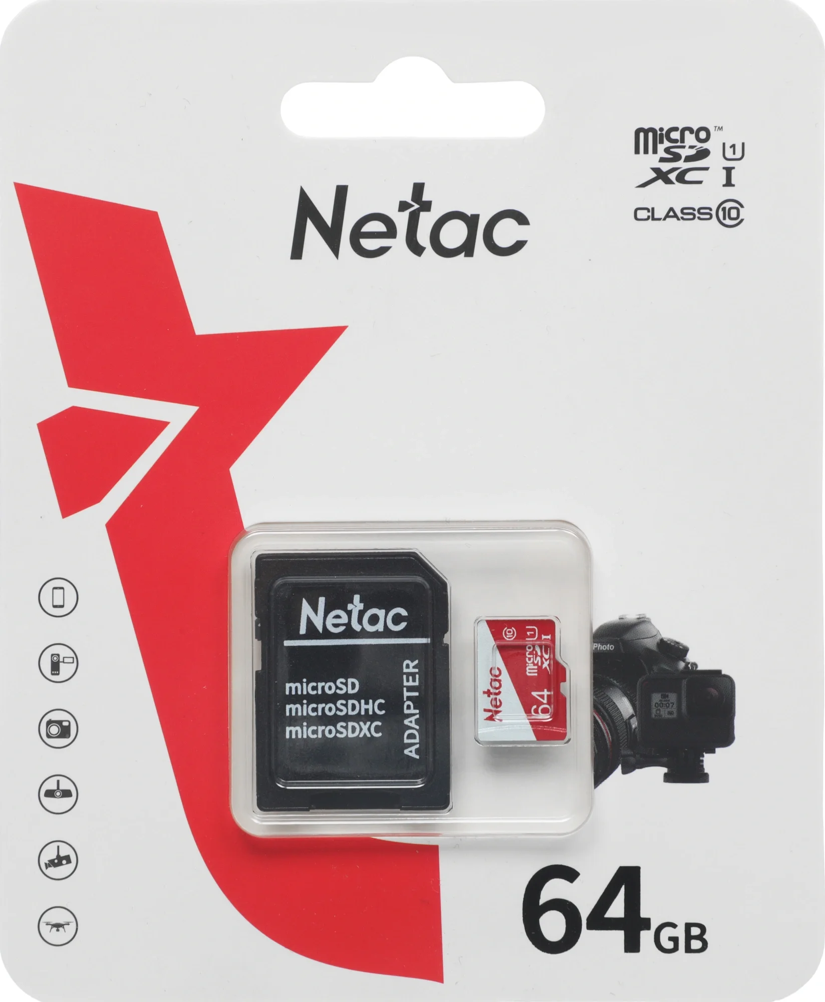 Карта памяти Netac - P500 ECO, microSDHC, UHS-I Class 1, Class 10, 64GB, microSD -> SD адаптер, NT02P500ECO-064G-R