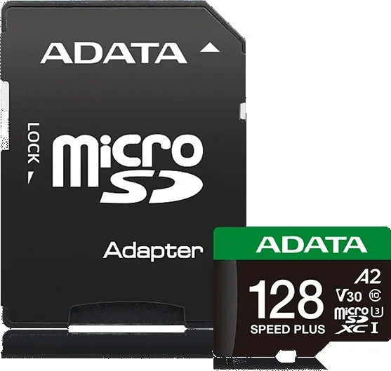 Карта памяти ADATA - UI3V30A2SP, microSDXC, write speed 140Mb/s, read speed 160Mb/s, UHS-I Class 3, V30, A2, Class 10, 128GB, microSD -> SD адаптер, UD128GUI3V30A2SP-RA1