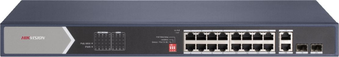 Коммутатор Hikvision неуправляемый, 12 RJ45 1000M PoE с грозозащитой 6кВ; 2 RJ45 1000M Ethernet ,4 1000M  порт поддерживает HiPoE 60Вт,2 1000М SFP порта; бюджет PoE 225Вт;  поддержка режима передачи до 300м,таблица MAC адресов на 8000 записей; пропускная способность 40Гб/с; 100?240 VAC, мас.4 A; 0 °C...+40°C.