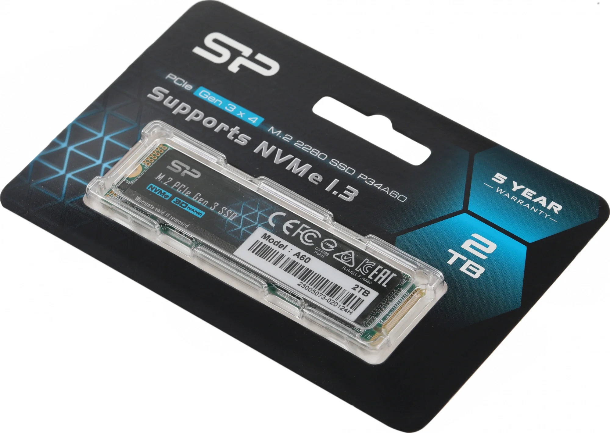 Диск SSD SILICON POWER - A60, для ноутбука, M.2 2280, 2 ТБ, PCIe 3.0 NVMe x4, speed write-1600МБ/с read-2200МБ/с, TLC, SP002TBP34A60M28
