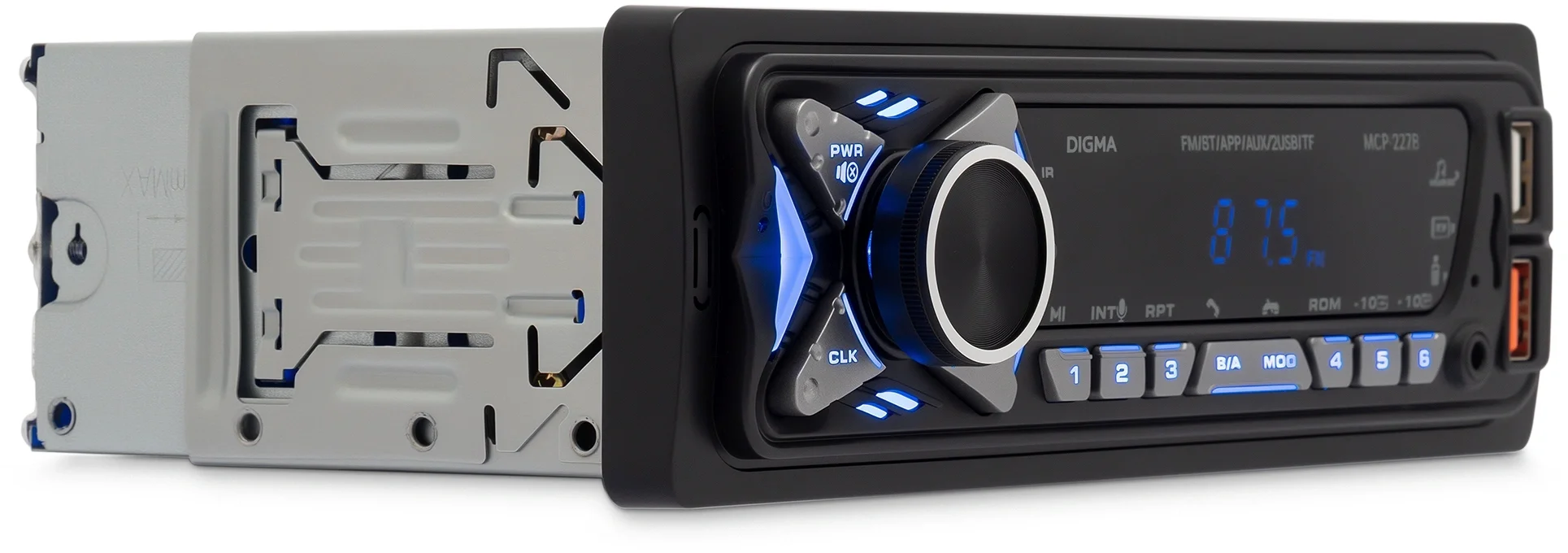 Автомагнитола Digma MCP-227B, 1 DIN, Bluetooth, USB Type-A, AUX, пульт ДУ