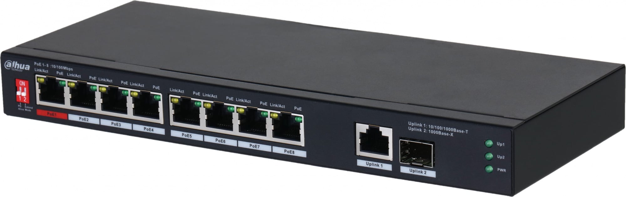 8-портовый неуправляемый коммутатор с РОЕ, Порты: 8 RJ45 10/100Мбит/с (PoE/PoE+/Hi-PoE/IEEE 802.3bt) 1 RJ45 10/100/1000Мбит/с (uplink) 1 SFP 1000Мбит/с (uplink); мощность PoE: порты 1 до 90Вт порты 28 до 30Вт суммарно до 96Вт; PoE watchdog передача до 250м