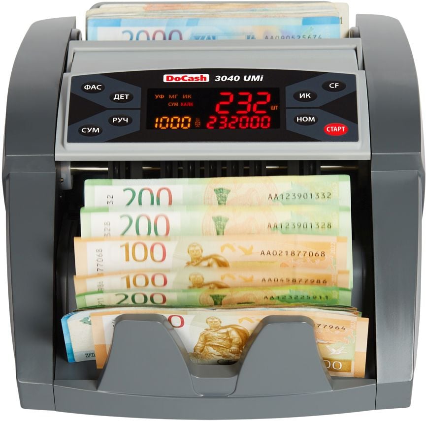 Счетчик банкнот DoCash 14358, мультивалютный, 1300 банкнот/мин, 200/250 карманы