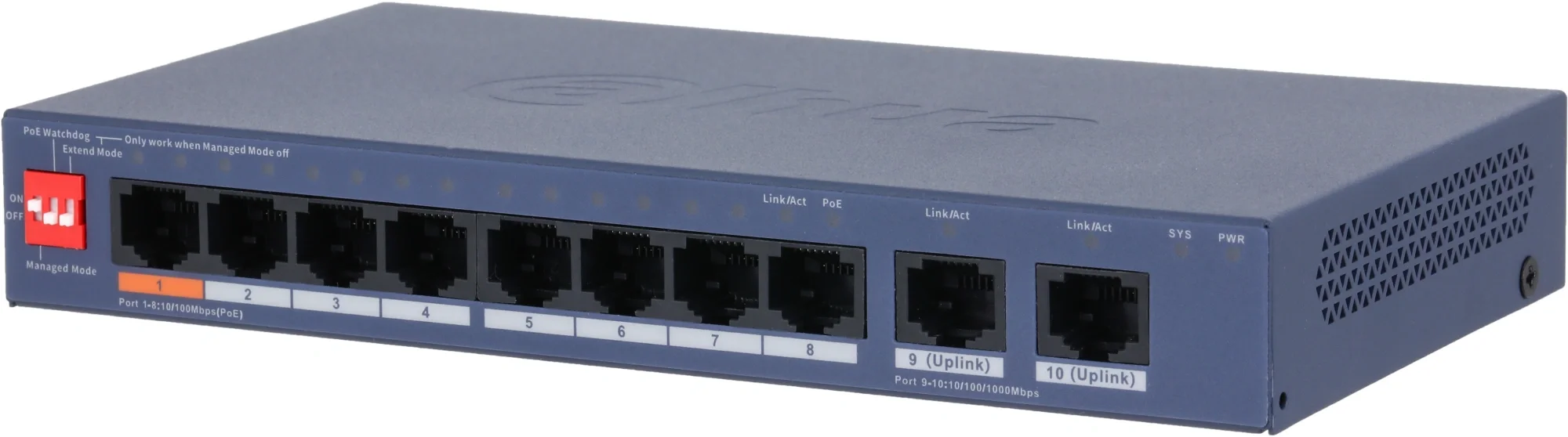 DH-CS4010-8ET2GT-60 8-портовый PoE коммутатор с функцией облачного управления. Порты: 8 RJ45 10/100Мбит/с (PoE/PoE+/Hi-PoE), 2 RJ45 10/100/1000Мбит/с (uplink); мощность PoE: порт 1 до 60Вт, порты 2~8 до 30Вт, суммарно до 60Вт; PoE watchdog, передача до 250м; питание: 53В(DC).