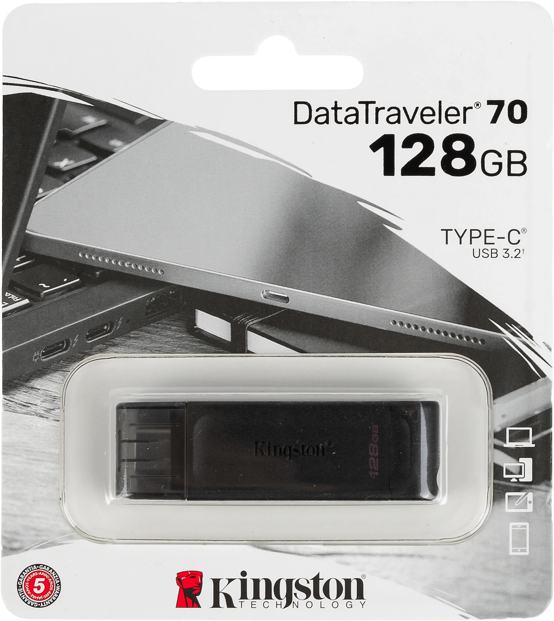 USB накопитель Kingston - DataTraveler 70, USB Type C (USB 3.2 Gen 1), 128 ГБ, цвет чёрный, DT70/128GB