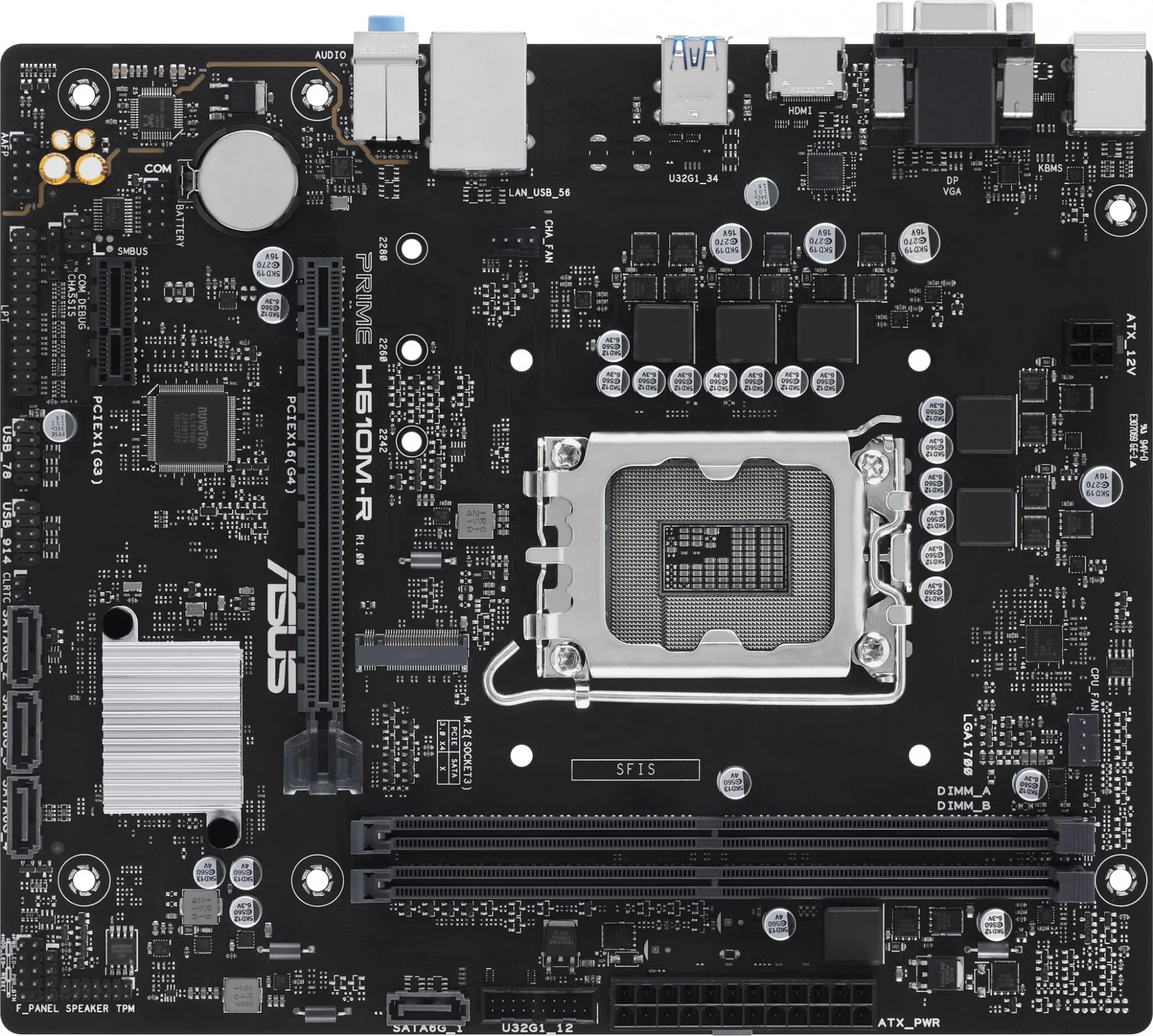 Материнская плата ASUS PRIME H610M-R-SI, LGA1700, H610, 2*DDR5, 4*SATA, 1*M.2, 2*USB 3.2, 2*USB 2.0, 1*PCIx16, 1*PCIx1, DP+HDMI+VGA, mATX; 90MB1GL0-M0ECY0