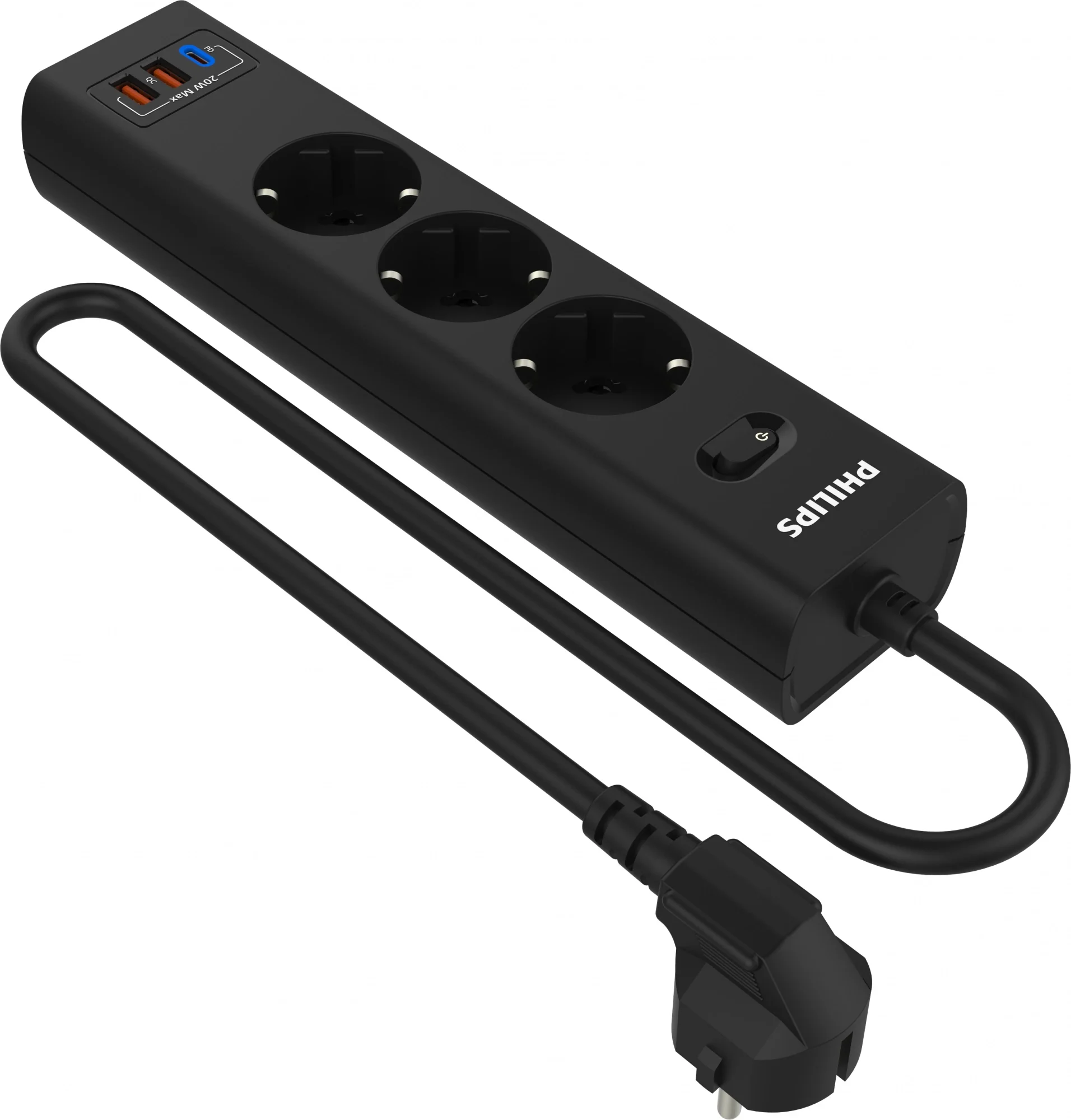 Сетевой фильтр Philips CHP4336BB/51, 3 розетки, 2×USB, USB-C, 3 м