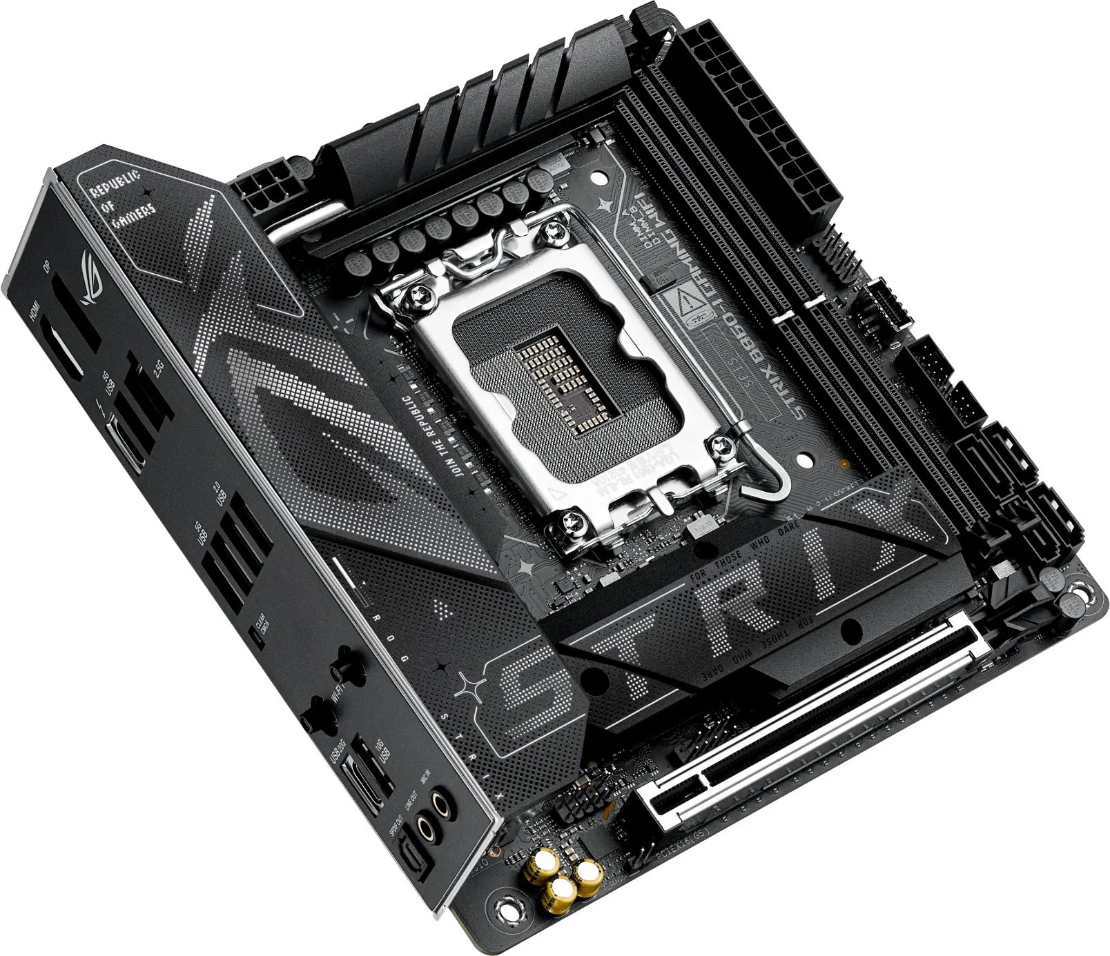 ASUS ROG STRIX B860-I GAMING WIFI (Socket 1851, mITX,  2xDDR5(128GB), DP/HDMI, 1xPCIe 5.0x16, 1xLAN(2.5GbE), Wi-Fi, BT, Thunderbolt 4, 4xSATA 6Gb/s, 2xM.2, 2xType-C, 4xUSB 3.2, 2xUSB 2.0)
