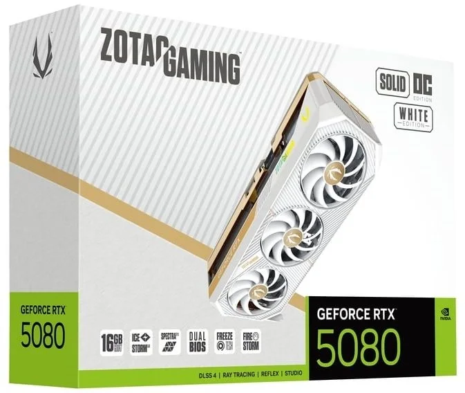 Видеокарта Zotac PCI-E 5.0 RTX 5080 SOLID OC WHITE ED NVIDIA GeForce RTX 5080 16Gb 256bit GDDR7 2640/30000 HDMIx1 DPx3 HDCP Ret