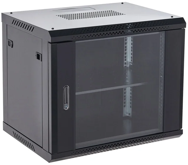Шкаф коммутационный Rexant (04-1266-112) настенный 12U 600x600мм пер.дв.стекл металл 2 бок.пан. направл.под винты 60кг черный 19кг 230град. 635мм IP20 сталь