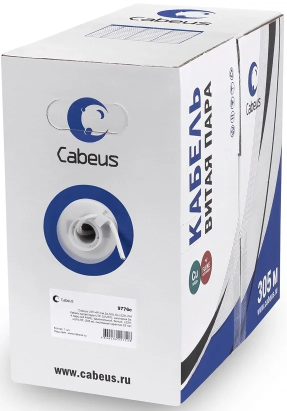 Кабель витая пара UTP Cabeus UTP-4P-Cat.5e-SOLID-LSZH-GY Кабель витая пара UTP (U/UTP), категория 5e, 4 пары (24 AWG), одножильный, серый, LSZH, нг(А)-HF, (305 м)