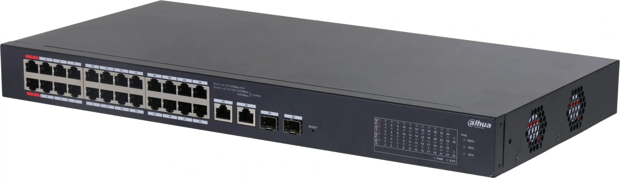 24-портовый PoE коммутатор с функцией облачного управления, Порты: 24 RJ45 10/100Мбит/с (PoE/PoE+/Hi-PoE), 2 комбинированных SFP/RJ45 10/100/1000Мбит/с (uplink); мощность PoE: порты 1-2 до 90Вт, порты 3-24 до 30Вт, суммарно до 375Вт; PoE watchdog, передача