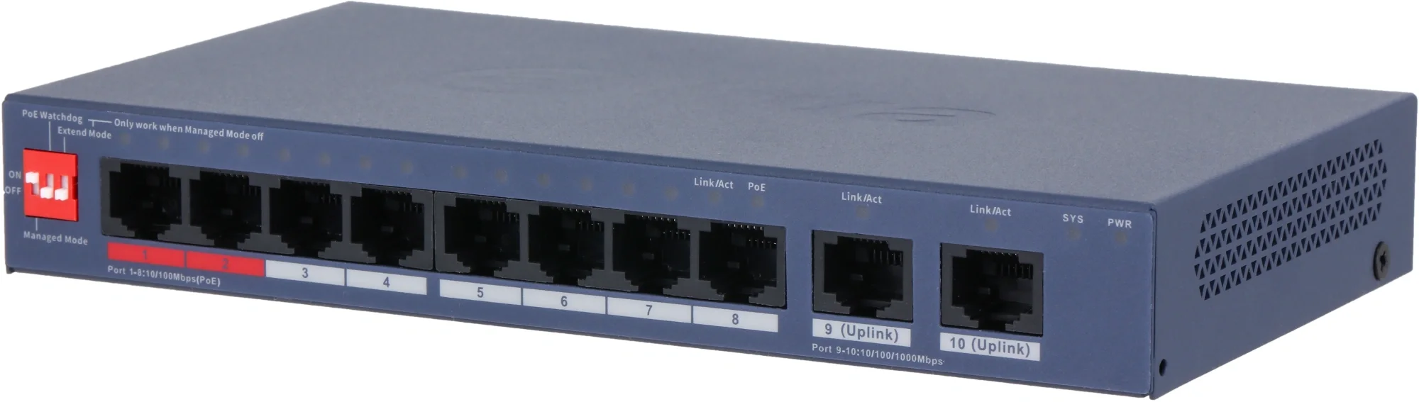 DH-CS4010-8ET2GT-110 8-портовый PoE коммутатор с функцией облачного управления. Порты: 8 RJ45 10/100Мбит/с (PoE/PoE+/Hi-PoE/IEEE 802.3bt), 2 RJ45 10/100/1000Мбит/с (uplink); мощность PoE: порты 1~2 до 90Вт, порты 3~8 до 30Вт, суммарно до 110Вт; PoE watchdog, передача до 250м; питание: 54В(DC).