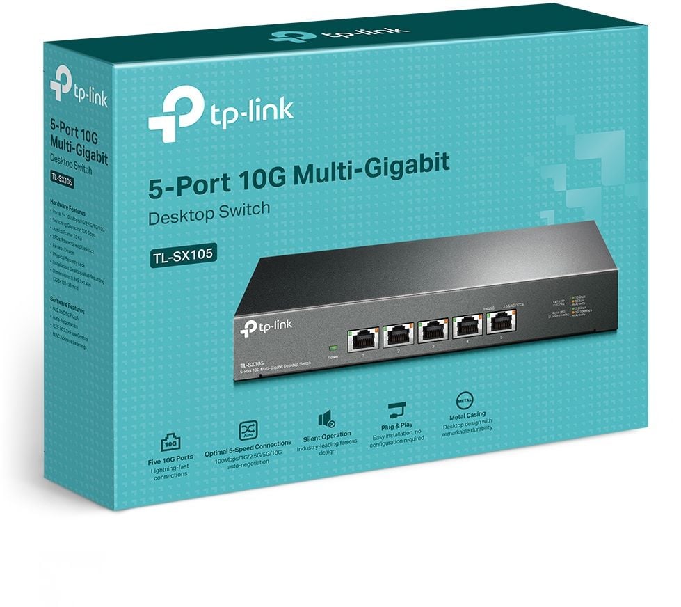 TP-link, 5-портовый настольный 10G коммутатор. Порты: 5 х портов 10 Гбит/с RJ45. Спецификация: настольный металлический корпус. Особенности: не требует настройки