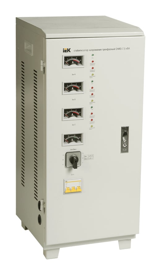 Стабилизатор напряжения IEK СНИ3 7.5 кВА трехфазный серый 340-430В выход 380В±5% клеммная колодка IVS10-3-07500