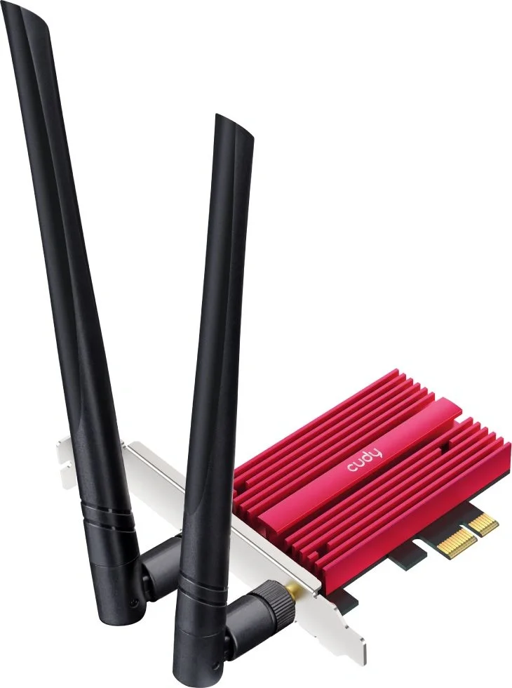 Сетевой адаптер WiFi PCIe Cudy WE9300, Wi-Fi BE9300 7 Bluetooth 5.4 PCI Express Adapter with Heatsink, Intel BE200 module, Tri-band 2T2R, 5.8Gbps@6Ghz+2.8Gbps@5GHz + 688Mbps@2.4GHz, 802.11be/ax/ac/a/b/g/n, Magnetized antenna base, 2 high gain detachable antennas