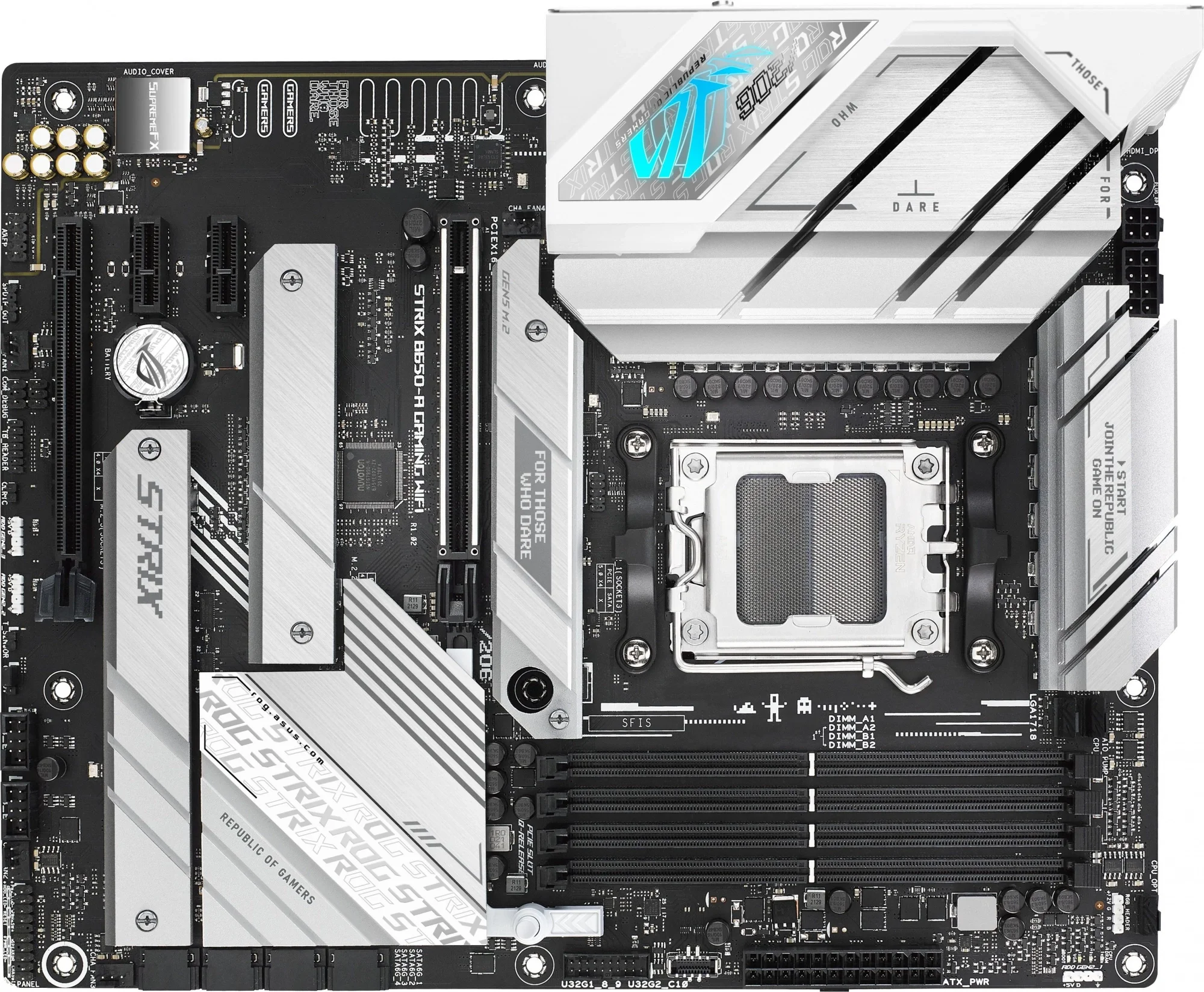 Материнская плата Asus - ROG STRIX B650-A GAMING WIFI, ATX, AMD B650, 1xAM5, 4xDDR5 до 128ГБ, 1x2.5GbE, audio, M.2, Wi-Fi, Bluetooth, HDMI, DP, 4xSATA, 4xUSB2.0, 3xUSB3.2, 2xUSB3.2 Type C, ROG STRIX B650-A GAMING WIFI