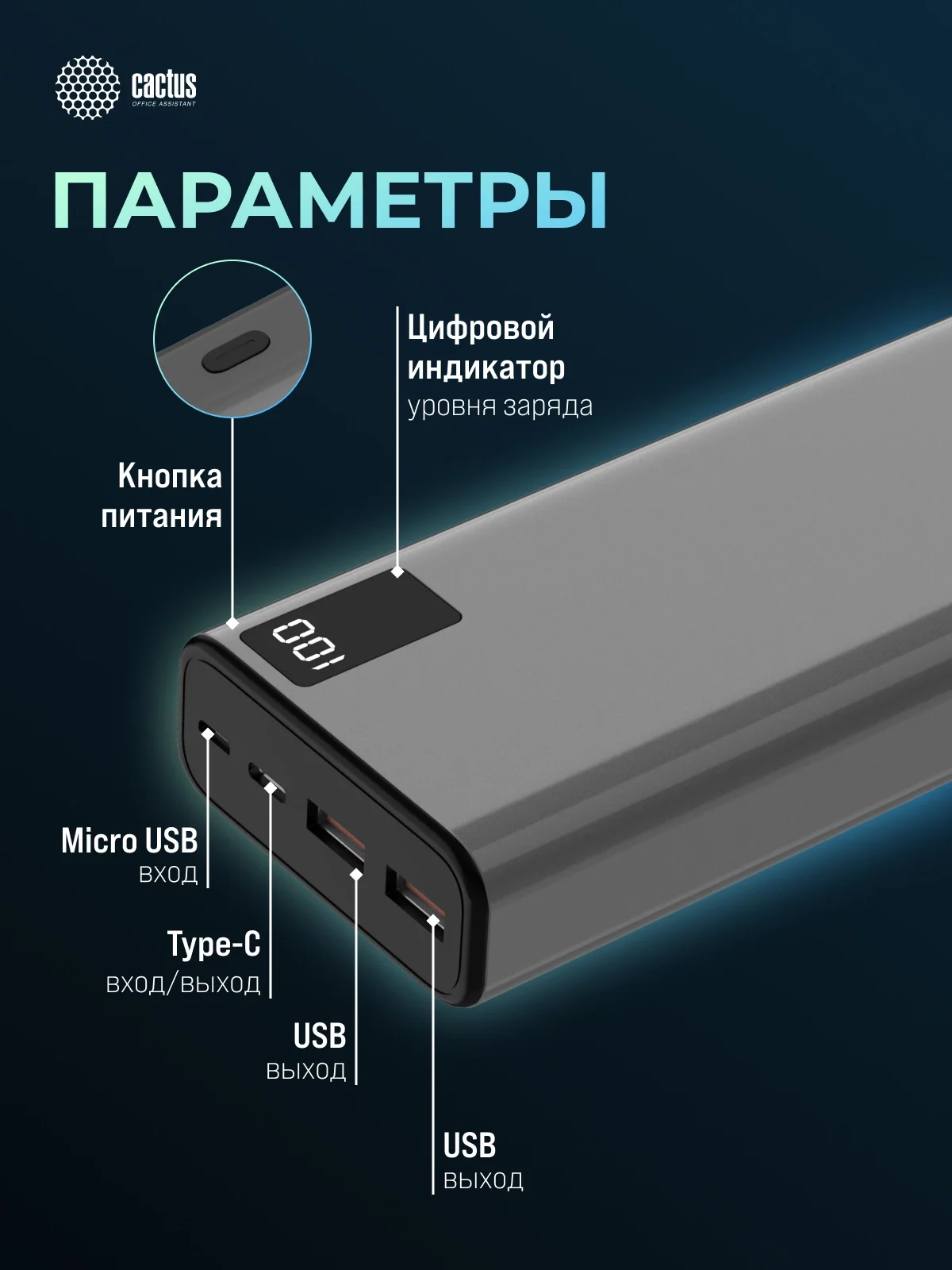 Мобильный аккумулятор Cactus CS-PBFSFA-20000 20000mAh 22.5W 4.5A 2xUSB-A/USB-C серый