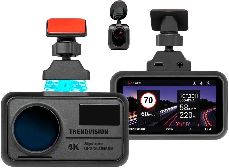 Видеорегистратор TrendVision TDR-725 Real 4K 2CH, 3840x2160, 3", с камерой заднего вида, GPS/ГЛОНАСС, Wi-Fi, G-сенсор, датчик движения, GPS-информатор