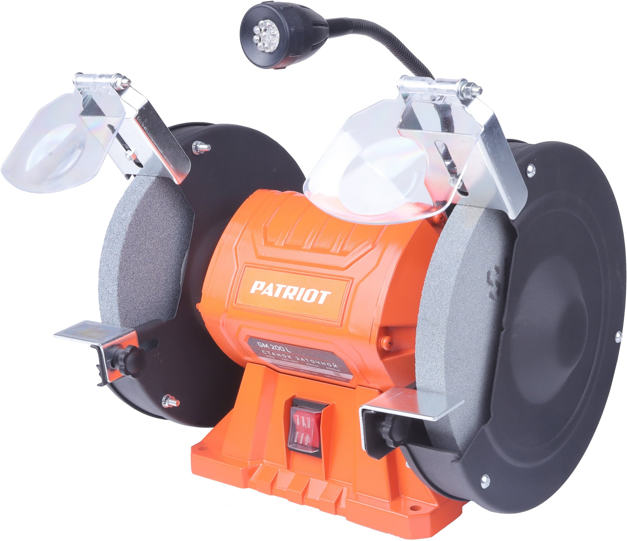 Станок заточной PATRIOT Expert GM 200 L, подсветка, 550Вт, 2980об/мин, 200мм диск, А36/А60 зерн, посадочный 16 мм, асинхронный, адаптер на круги 32 мм
