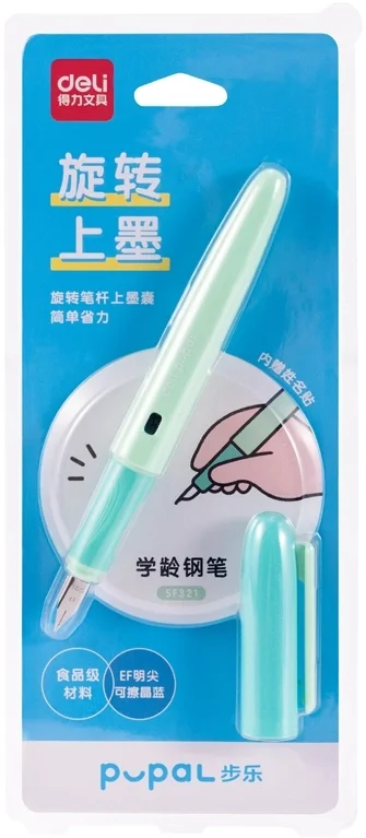 Ручка перьевая Deli Pupal SF321GREEN, зеленый, EF, синие чернила, блистер, резиновая манжета, стираемая