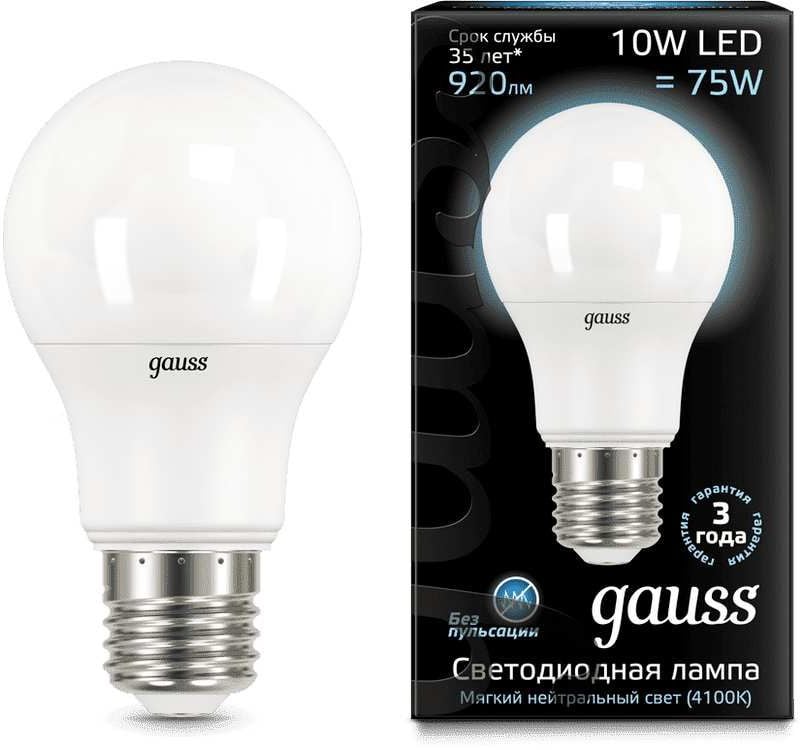 Лампа светодиодная Gauss A60 10Вт цок.:E27 шар 220B 4100K  св.свеч.бел.нейт.  A60  (упак.:10шт) (102502210)