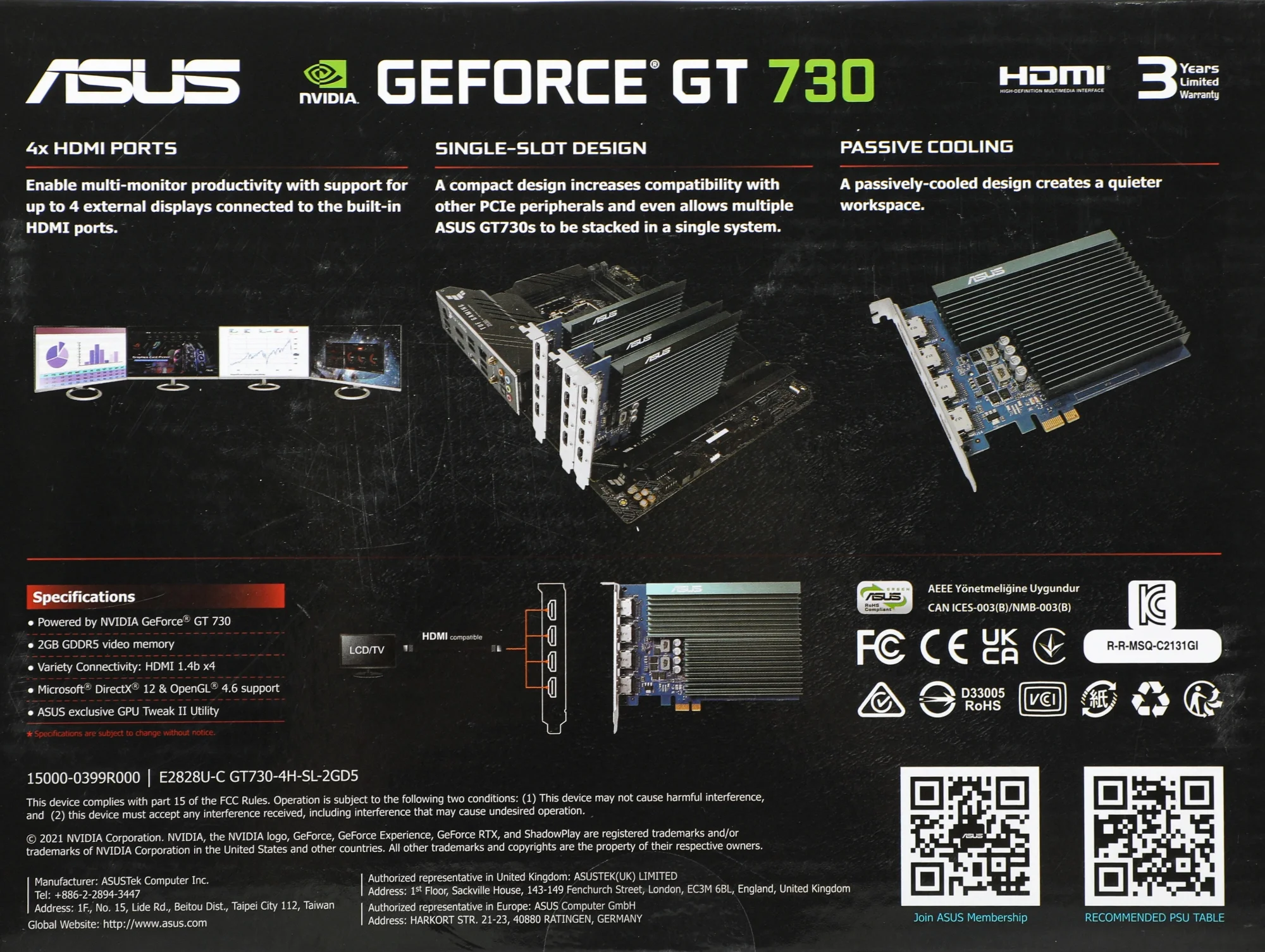 Видеокарта Asus PCI-E 2.0 GT730-4H-SL-2GD5 NVIDIA GeForce GT 730 2Gb 64bit GDDR5 902/5010 HDMIx4 HDCP Ret
