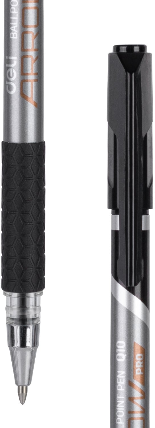 Набор ручек шариковых Deli Arrow EQ10-BK-P синий металлик/черный, черные чернила, коробка картонная (12шт) сменный стержень, линия 0.7мм, резиновая манжета