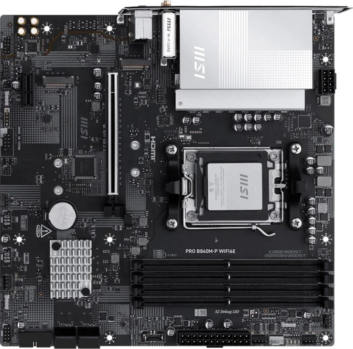 Материнская плата MSI PRO B840M-P WIFI6E, AM5, AMD B840, 4xDDR5, 4xSATA, 2xM.2, 1xPCIe 4.0 x16, 1xPCIe 3.0 x1, 1xHDMI, 1x2.5Gb LAN, Wi-Fi 6E, Bluetooth 5.3, 1xUSB-C 10Gbps, 1xUSB-A 10Gbps, 2xUSB-A 5Gbps, 4xUSB-A 2.0, 3x3.5 мм, 7.1, mATX