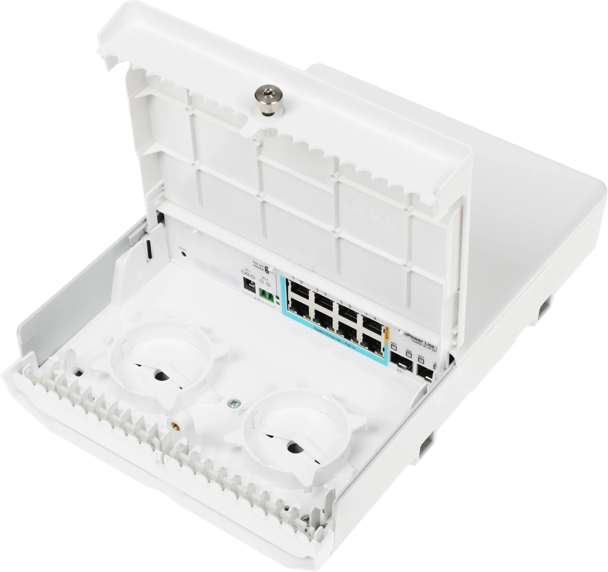 CSS610-1Gi-7R-2S+OUT - Коммутатор, MikroTik, CSS610-1Gi-7R-2S+OUT, netPower Lite 7R, 8 портов 10/100/1000M (Ether8 Passive PoE 0,6A), Ether1-7 Passive PoE in (Reverse), 2 порта SFP+, SwitchOS Lite, -40°C to 70°C, outdoor case