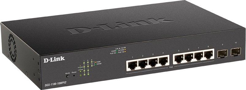 Коммутатор D-Link DGS-1100-10MPV2/A3A, L2, 8×1GbE PoE, 2×SFP, 130 Вт
