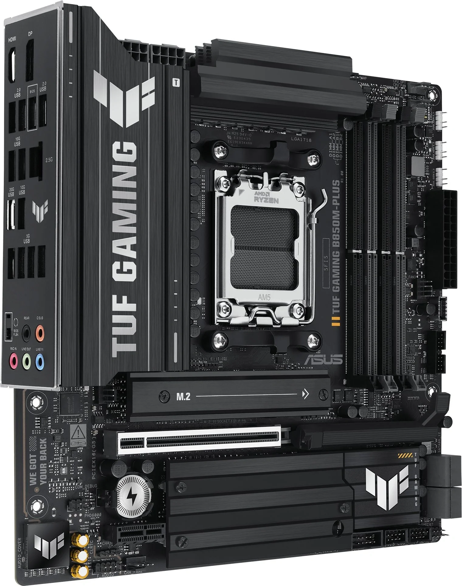 ASUS TUF GAMING B850M-PLUS (Socket AM5, mATX, 4xDDR5(256GB), DP/HDMI, 1xPCIe 5.0x16/1xPCIe 4.0x1, 1xLAN (2.5GbE), 4xSATA 6Gb/s, 3xM.2, 1xType-C, 7xUSB 3.2, 4xUSB 2.0)