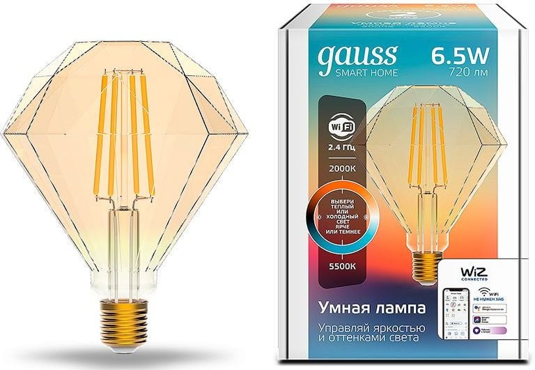 Лампа светодиодная Gauss филаментная Smart Home DIM+CCT E27 Diamond Golden 6,5 Вт 2000-5500К 1370112